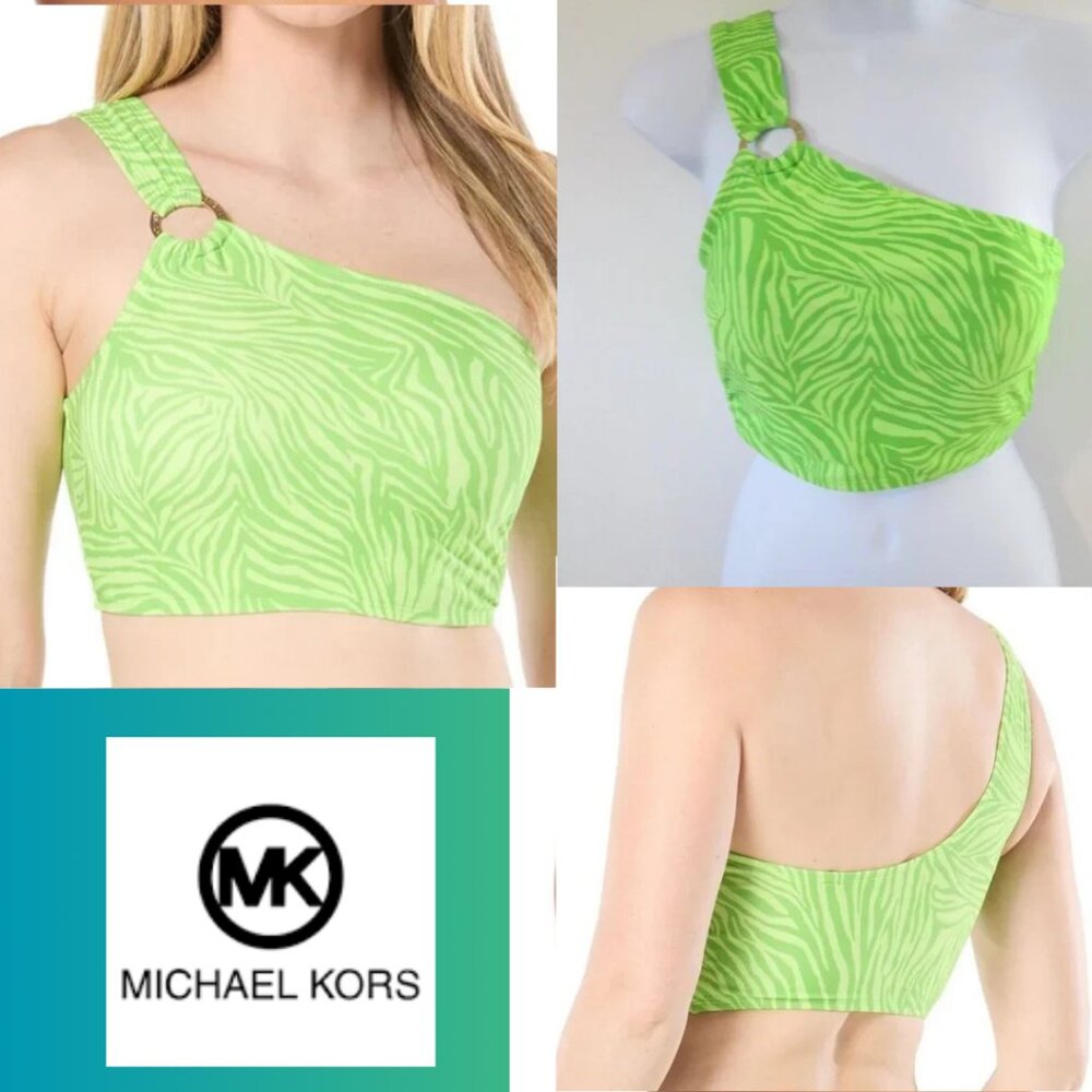 NWT Michael Kors Bikini Top O-Ring One Shoulder Bikini Green Zebra Sz M